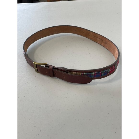 Fossil Genuine Leather Plaid Fabric Belt Unisex Medium Brown Multicolor Bohemian - Picture 8 of 12